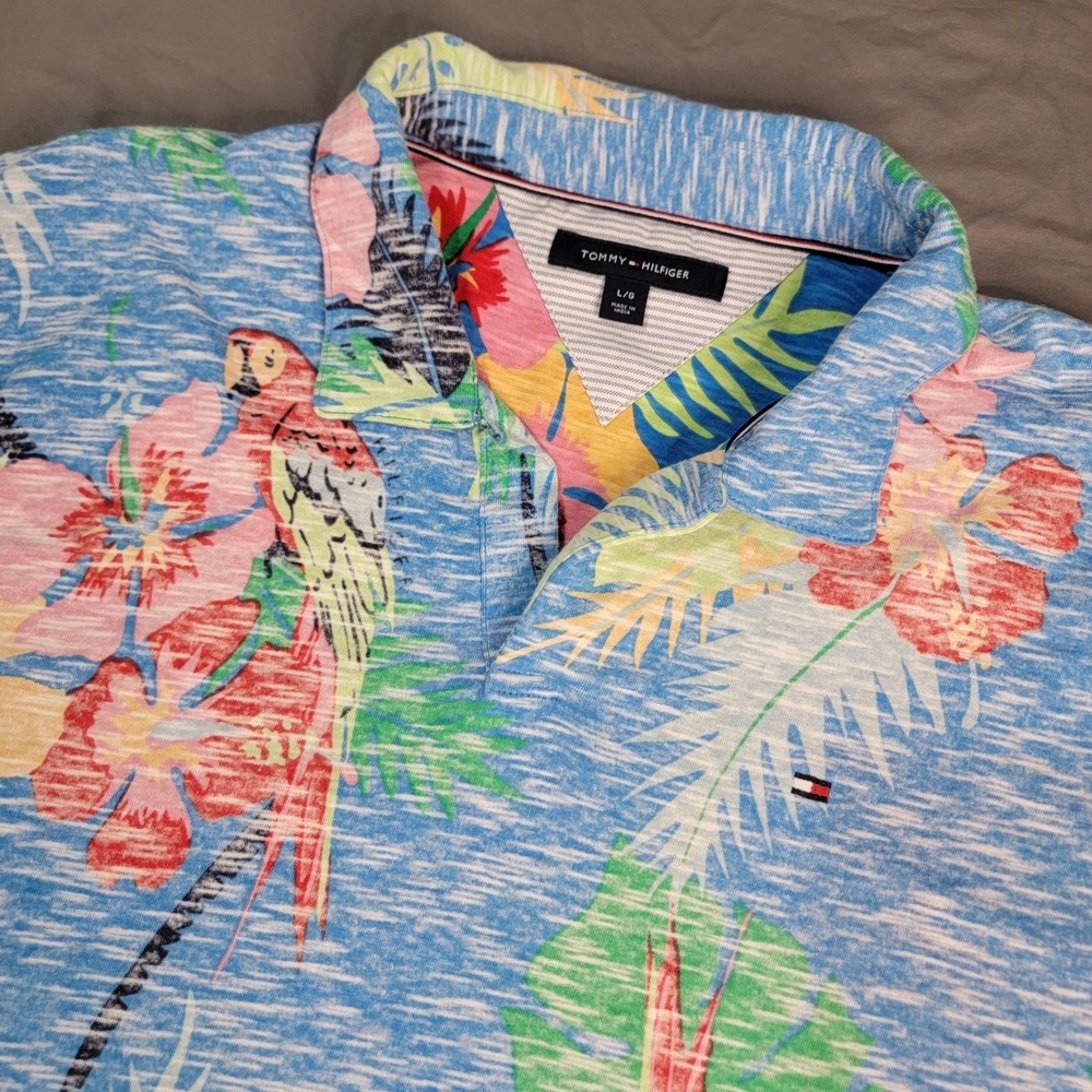 Tommy Hilfiger Polo Men's Large Multicolor Short Sleeve Parrot All Over Print